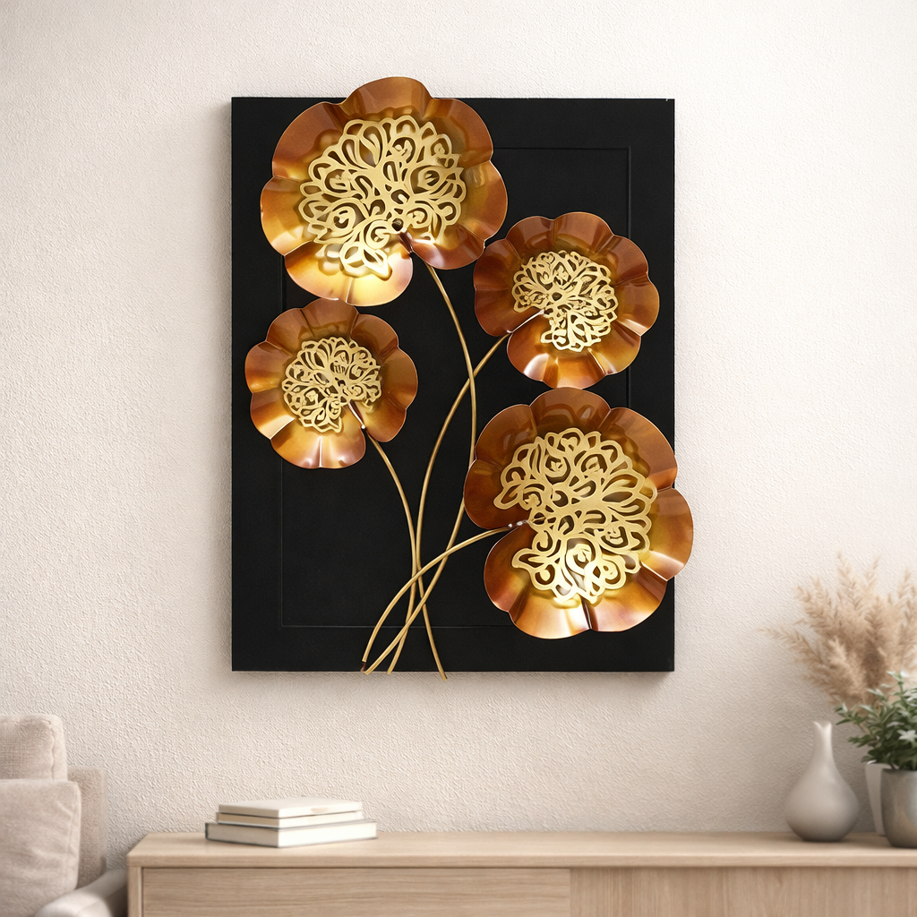 Handcrafted Metal Flower Wall Décor – Modern Golden Home Art (20 x 15 Inch)