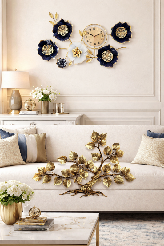 Luxury Metal Flower Wall Clock – 39" x 24" Modern 3D Floral Wall Art with Silent Quartz Movement – Blue & Gold Ginkgo Leaf Design for Living Room Decor