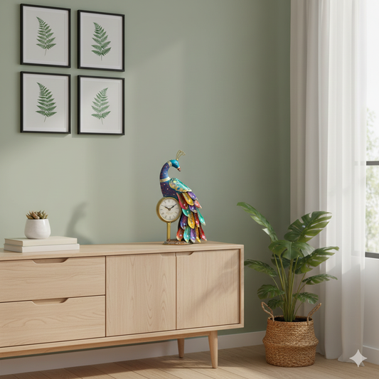 Handcrafted Peacock Table Clock for Home Decor | Vintage Decorative Desk Clock