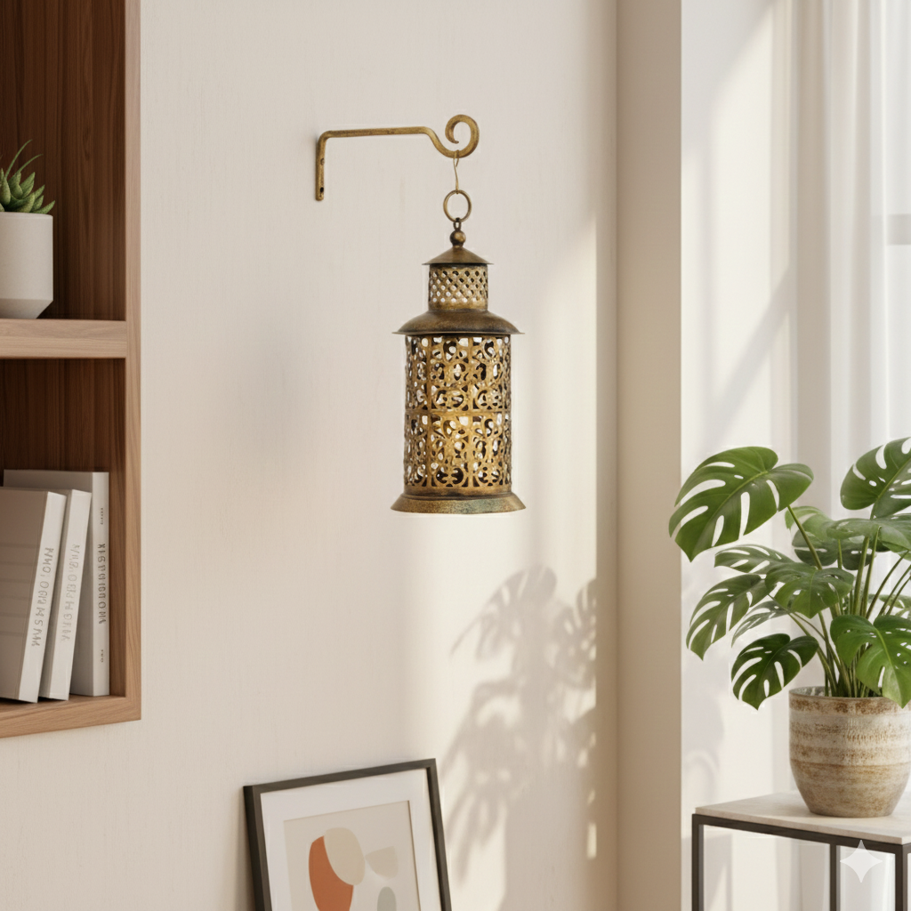 Handcrafted Antique Brass Hanging Lantern | Decorative Metal Cutwork Lantern for Interior Home Décor
