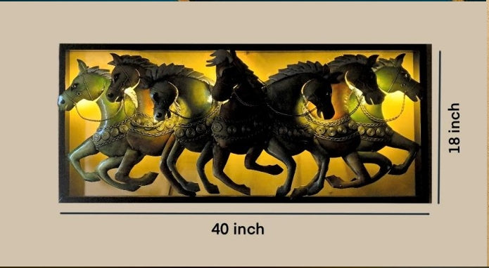 Seven Running Horses Metal Wall Art with Backlight | Vastu Wall Décor (40 x 18 Inches)