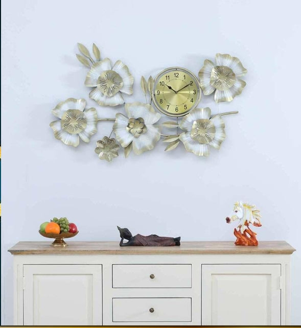 Luxury Metal Flower Wall Clock – 39" x 24" Modern 3D Floral Wall Art with Silent Quartz Movement – Blue & Gold Ginkgo Leaf Design for Living Room Decor