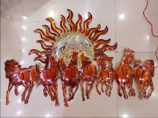 Large Metal Seven Horses Wall Art: Copper & Gold Sun Sculpture