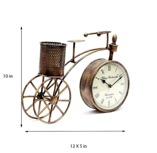 Vintage Bicycle Desk Clock with Pen Holder: Rustic Metal Bike Organizer