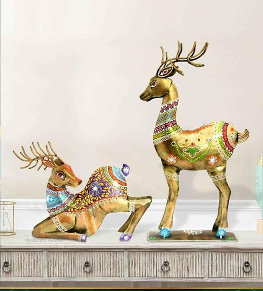 Metal Hand-Painted Deer Figurine Set, Indian Folk Art Rela/Sitting Reindeer, Home Decor/Gift