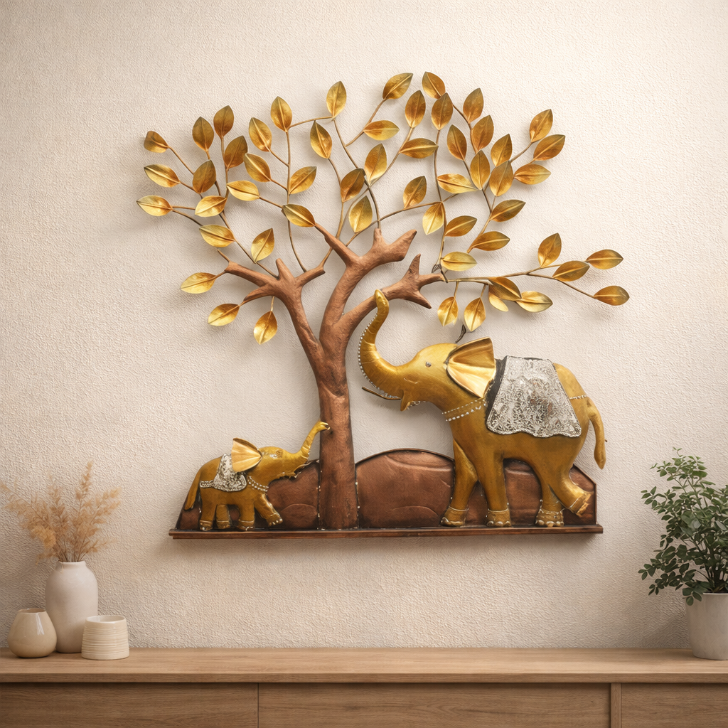Handcrafted Metal Elephant Tree Wall Décor – Royal Golden Home Wall Art (35 x 35 Inch)