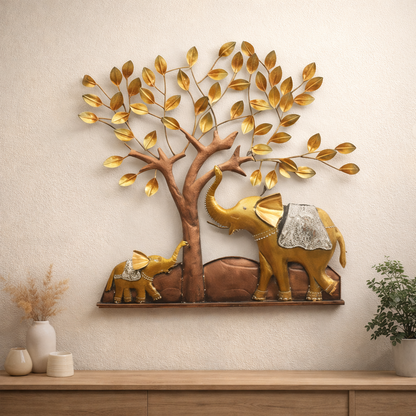 Handcrafted Metal Elephant Tree Wall Décor – Royal Golden Home Wall Art (35 x 35 Inch)