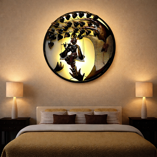 Handcrafted LED Krishna Wall Art with Swing – Premium Round Metal Home Décor (24 x 24 Inch)