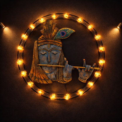 Handcrafted LED Krishna Face Wall Art – Premium Round Metal Wall Décor with Light (40 x 40 Inch)