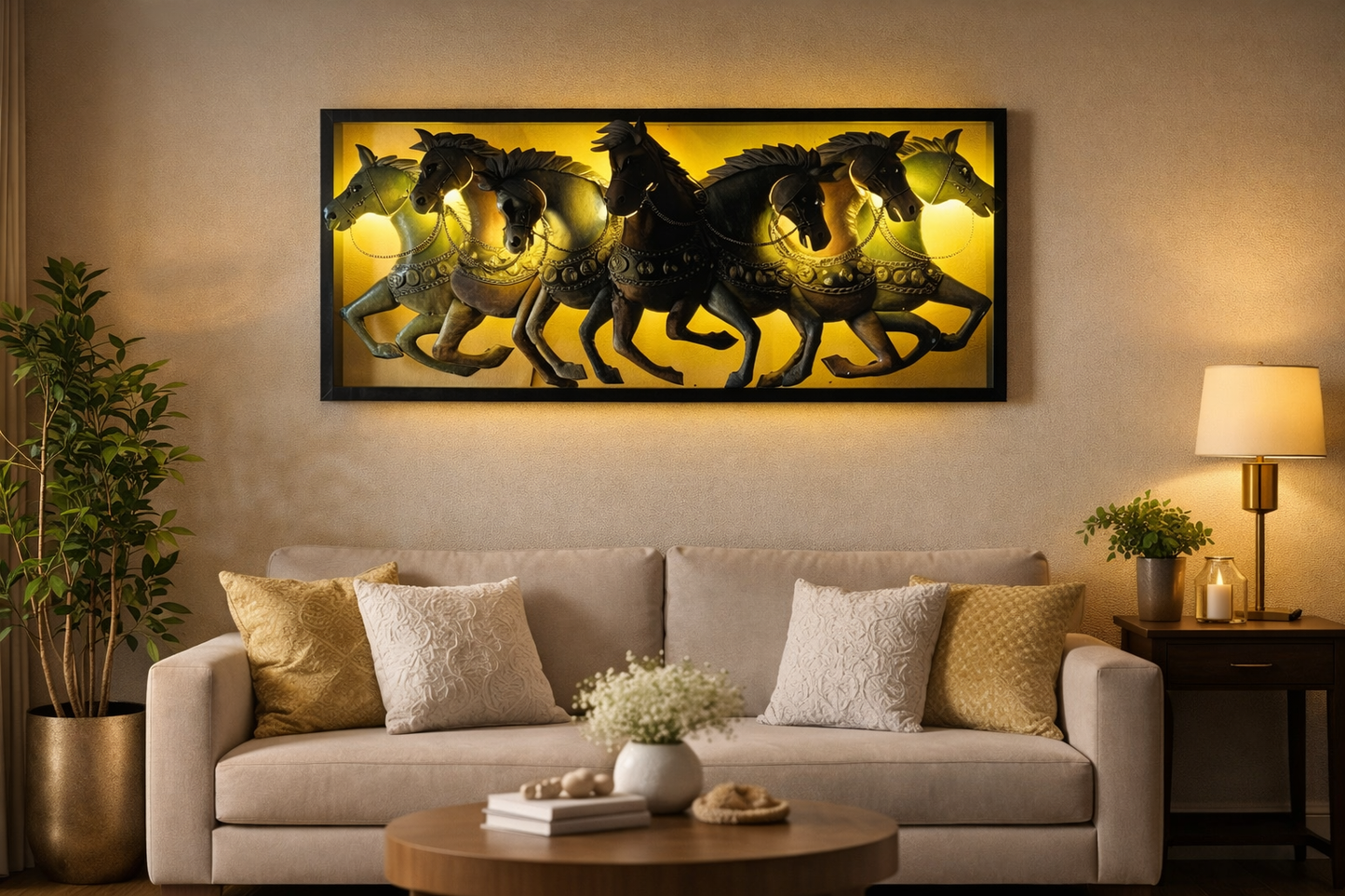 Seven Running Horses Metal Wall Art with Backlight | Vastu Wall Décor (40 x 18 Inches)