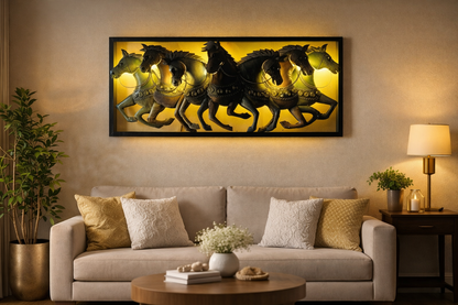 Seven Running Horses Metal Wall Art with Backlight | Vastu Wall Décor (40 x 18 Inches)