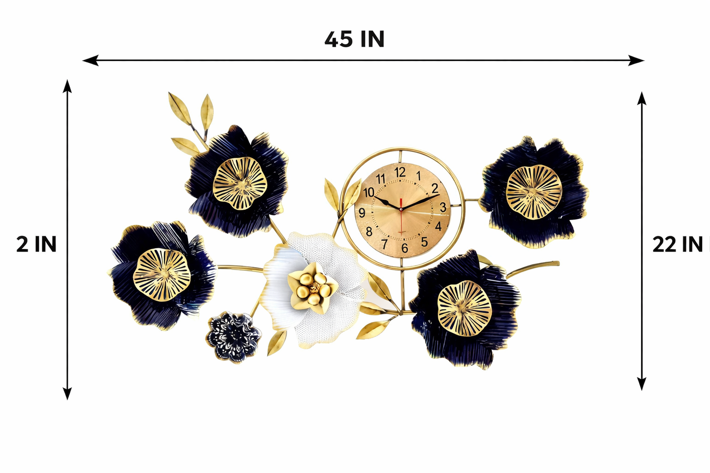 Luxury Metal Flower Wall Clock – 39" x 24" Modern 3D Floral Wall Art with Silent Quartz Movement – Blue & Gold Ginkgo Leaf Design for Living Room Decor