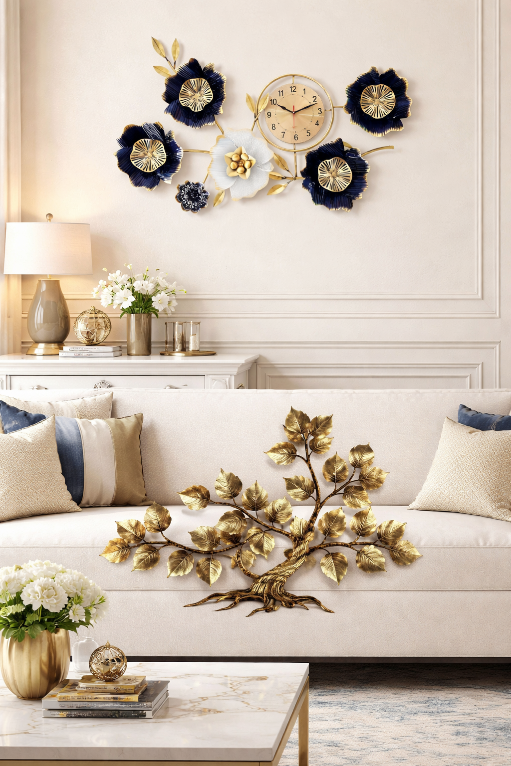 Luxury Metal Flower Wall Clock – 39" x 24" Modern 3D Floral Wall Art with Silent Quartz Movement – Blue & Gold Ginkgo Leaf Design for Living Room Decor