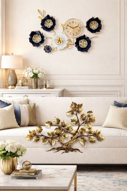 Luxury Metal Flower Wall Clock – 39" x 24" Modern 3D Floral Wall Art with Silent Quartz Movement – Blue & Gold Ginkgo Leaf Design for Living Room Decor
