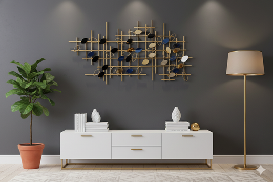 Elegant Modern Living Room with Geometric Metal Wall Art