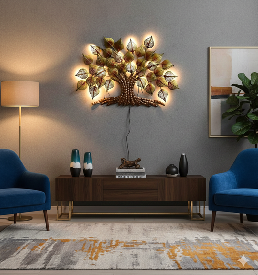 Luxury LED Backlit Bodhi Tree Metal Wall Art - Large Golden Peepal Tree Wall Hanging with Warm Lights for Living Room, Bedroom & Office (Handcrafted Home Decor)