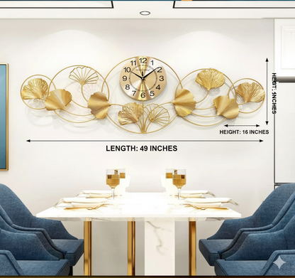 Luxury Ginkgo Leaf Metal Wall Clock - 49" Large Golden Decorative Wall Art for Living Room, Dining Area & Office (49 x 16 Inches)