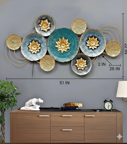 51" Teal & Gold 3D Lotus Metal Wall Art – Luxury Handcrafted Floral Sculpture