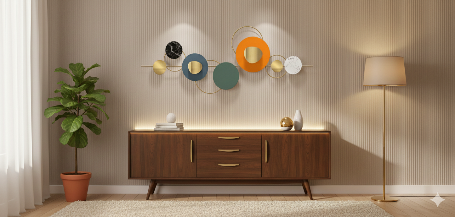 Mid-Century Modern Gold Metal Wall Sculpture (or) Abstract Gold Grid and Disc Art