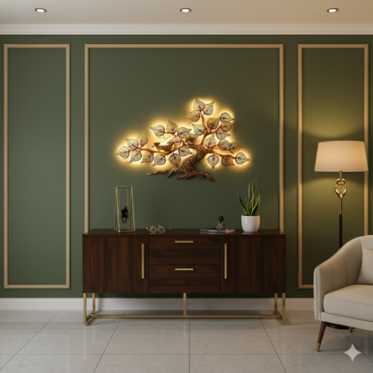 Backlit Metal Bodhi Tree Wall Art - 39" x 24" Illuminated Tree of Life Sculpture with Warm LED Lights - Antique Gold Finish Home Decor