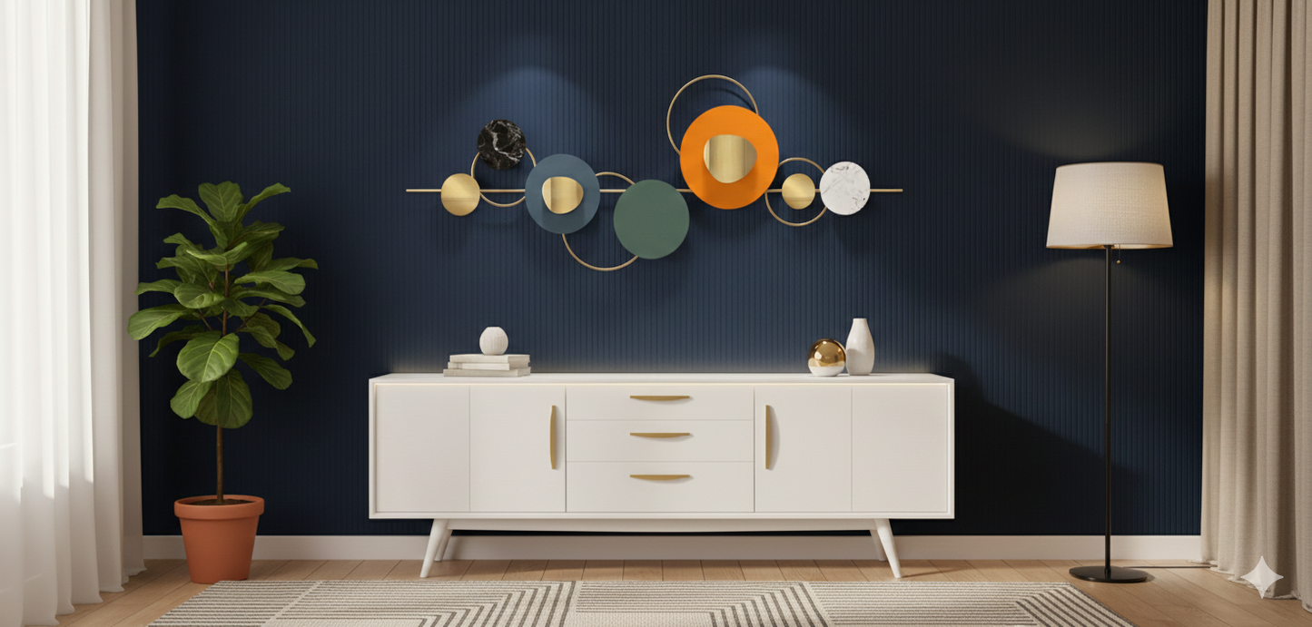 Mid-Century Modern Gold Metal Wall Sculpture (or) Abstract Gold Grid and Disc Art