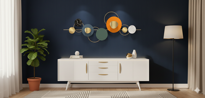 Mid-Century Modern Gold Metal Wall Sculpture (or) Abstract Gold Grid and Disc Art