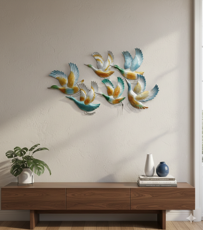 Flying Birds Metal Wall Art - Large 47" x 28" 3D Flock of Ducks Sculpture for Living Room & Garden Decor
