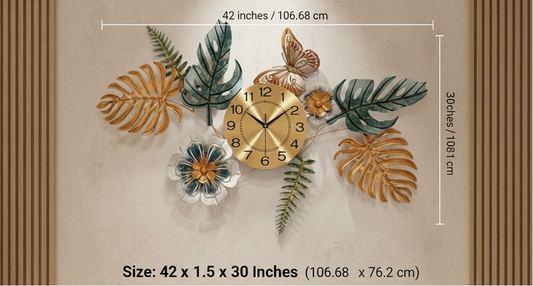 Luxury 3D Metal Leaf & Butterfly Wall Clock | Large Decorative Silent Quartz Movement Wall Art | 42" x 30" Nature-Inspired Sculpture for Living Room, Bedroom & Office