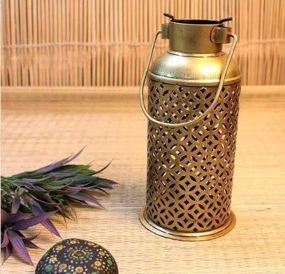 Handcrafted Antique Brass Cutwork Lantern | Decorative Metal Candle Holder