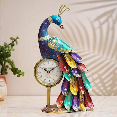 Handcrafted Peacock Table Clock for Home Decor | Vintage Decorative Desk Clock