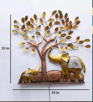 Handcrafted Metal Elephant Tree Wall Décor – Royal Golden Home Wall Art (35 x 35 Inch)