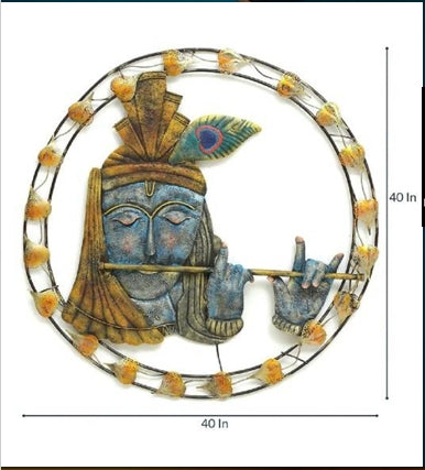 Handcrafted LED Krishna Face Wall Art – Premium Round Metal Wall Décor with Light (40 x 40 Inch)