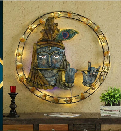 Handcrafted LED Krishna Face Wall Art – Premium Round Metal Wall Décor with Light (40 x 40 Inch)
