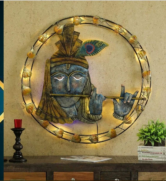 Handcrafted LED Krishna Face Wall Art – Premium Round Metal Wall Décor with Light (40 x 40 Inch)