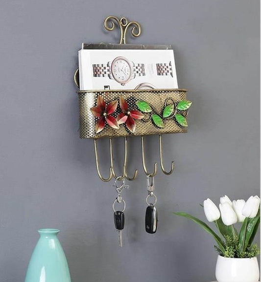 Vintage Floral Metal Wall Organizer with Planter Basket & Key Hooks
