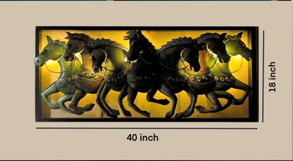 Seven Running Horses Metal Wall Art with Backlight | Vastu Wall Décor (40 x 18 Inches)