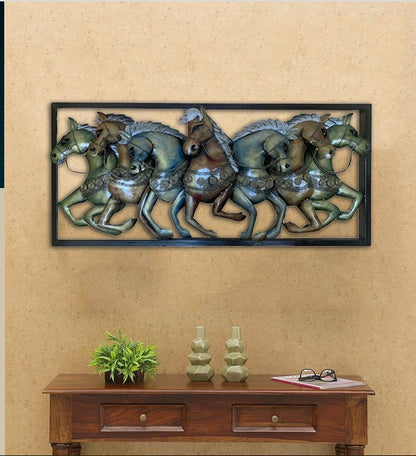 Seven Running Horses Metal Wall Art with Backlight | Vastu Wall Décor (40 x 18 Inches)