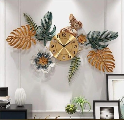 Luxury 3D Metal Leaf & Butterfly Wall Clock | Large Decorative Silent Quartz Movement Wall Art | 42" x 30" Nature-Inspired Sculpture for Living Room, Bedroom & Office