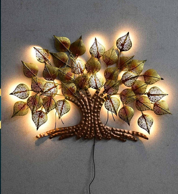 Luxury LED Backlit Bodhi Tree Metal Wall Art - Large Golden Peepal Tree Wall Hanging with Warm Lights for Living Room, Bedroom & Office (Handcrafted Home Decor)