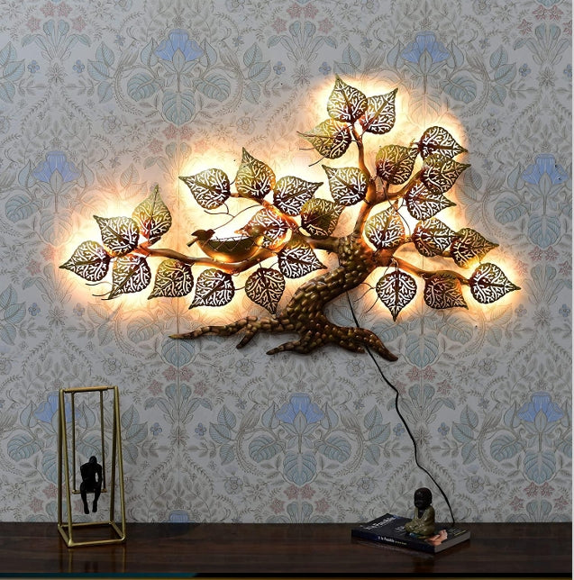 Backlit Metal Bodhi Tree Wall Art - 39" x 24" Illuminated Tree of Life Sculpture with Warm LED Lights - Antique Gold Finish Home Decor