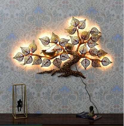 Backlit Metal Bodhi Tree Wall Art - 39" x 24" Illuminated Tree of Life Sculpture with Warm LED Lights - Antique Gold Finish Home Decor