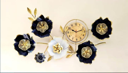 Luxury Metal Flower Wall Clock – 39" x 24" Modern 3D Floral Wall Art with Silent Quartz Movement – Blue & Gold Ginkgo Leaf Design for Living Room Decor