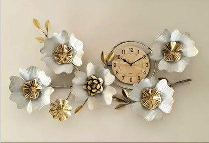 Luxury Metal Flower Wall Clock – 39" x 24" Modern 3D Floral Wall Art with Silent Quartz Movement – Blue & Gold Ginkgo Leaf Design for Living Room Decor