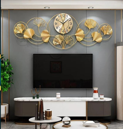 Luxury Ginkgo Leaf Metal Wall Clock - 49" Large Golden Decorative Wall Art for Living Room, Dining Area & Office (49 x 16 Inches)