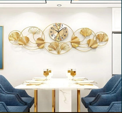 Luxury Ginkgo Leaf Metal Wall Clock - 49" Large Golden Decorative Wall Art for Living Room, Dining Area & Office (49 x 16 Inches)