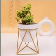Modern Triangular Metal Planter with Gold Geometric Stand (L-12cm x W-12cm x H-18cm)