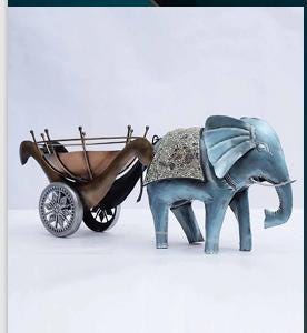 Blue Metal Elephant with Antique Cart/Trolley -  Home Decor Showpiece