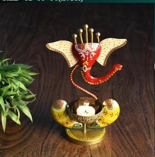 Hand-Painted Ganesha T-Light Holder: Metal Diya, Diwali Decor