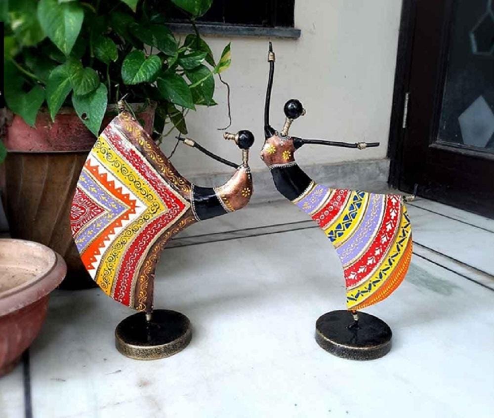 Hand-Painted Meenakari Metal Dancer Figurines: Abstract Folk Art Decor