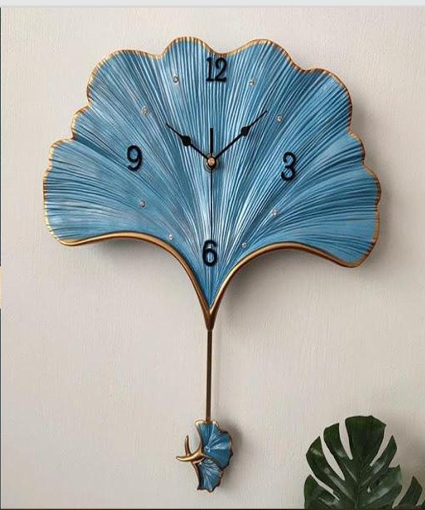 Blue Ginkgo Leaf Wall Clock: Mid-Century Modern Pendulum Art